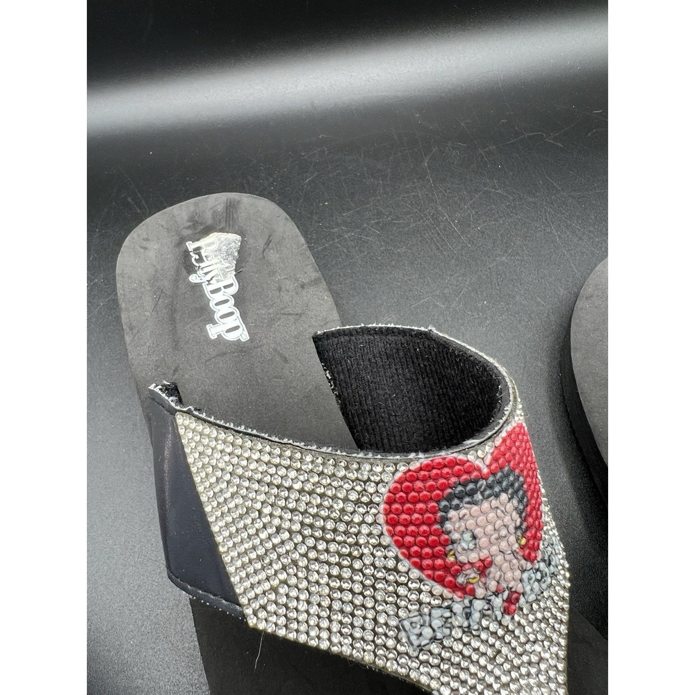 BETTY BOOP WOMENS BLACK FLIP FLOP THONG WEDGE SILVER RHINESTONE RED HEART SIZE 9 - Picture 4 of 5